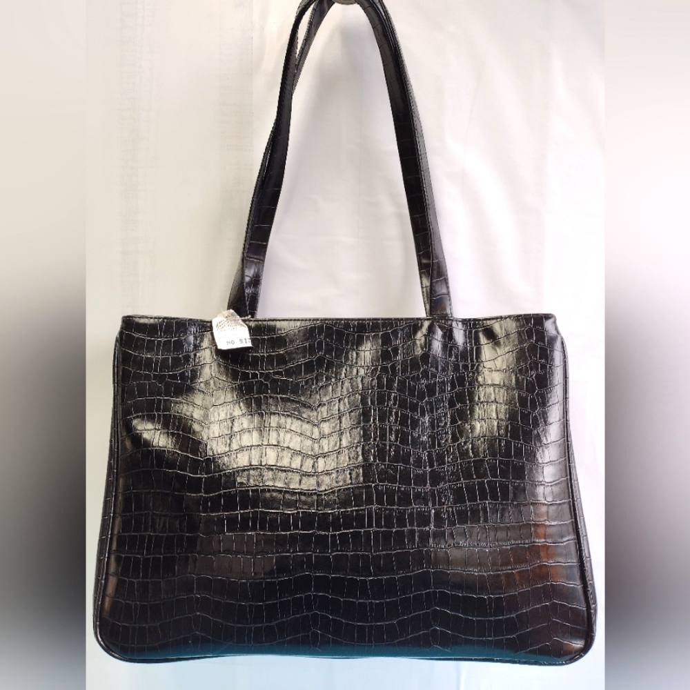 Coldwater Creek Faux Leather Croc Briefcase Tote Shoulder Bag Black - Large